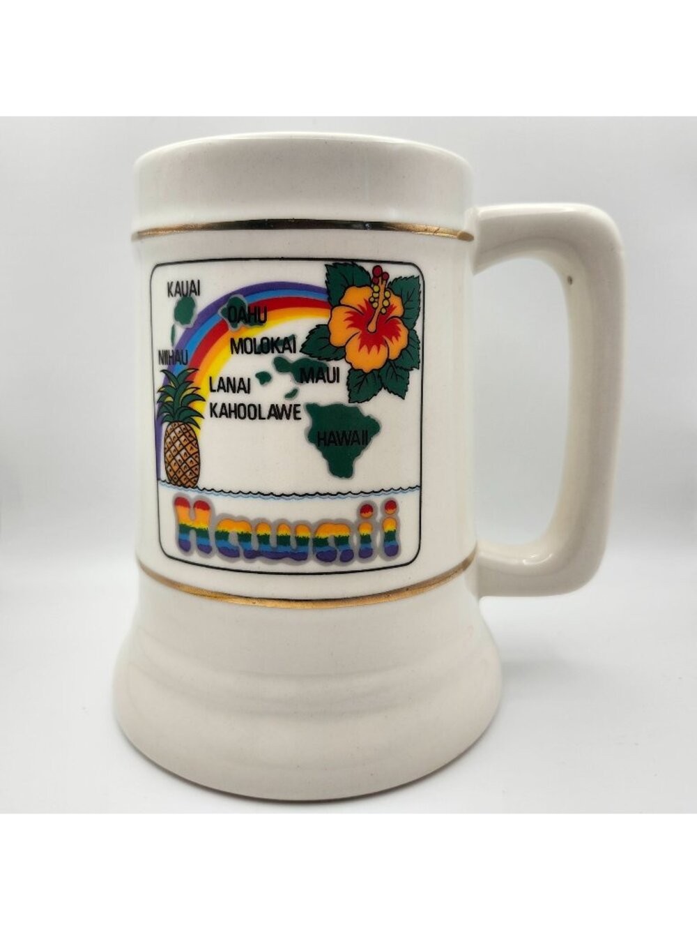 Vtg Hawaii Ceramic Stein Mug Rainbow Islands Map Design 32oz Hibiscus Pineapple